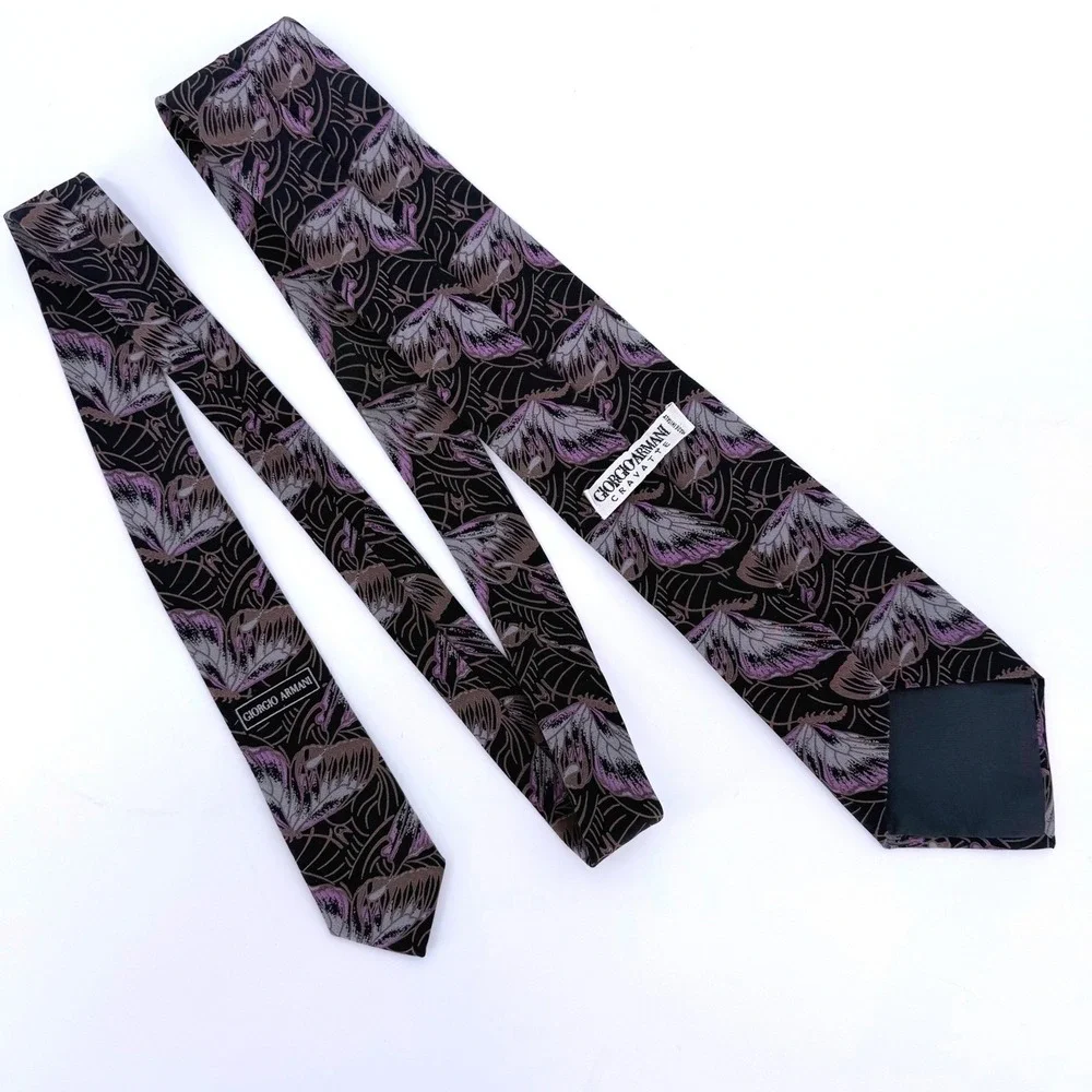 Vintage Giorgio Armani Cravatte Silk Tie Black Purple Butterfly Silk Italy 57L‎